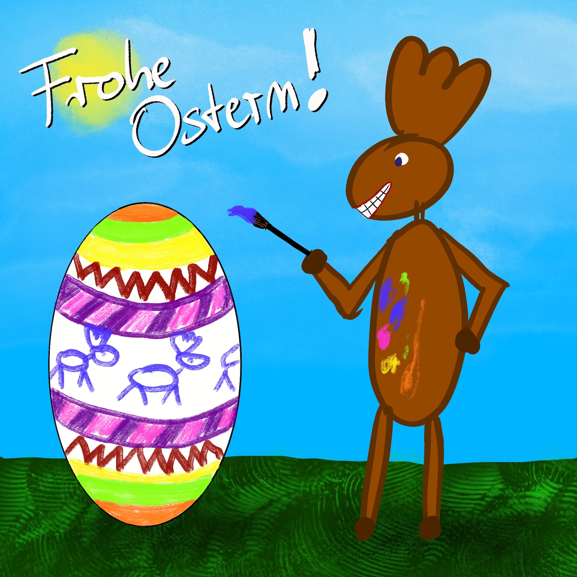 Elch auf der Wiese bemalt mit einem Pinsel ein übergroßes Osterei mit Mustern und kleinen Elchen