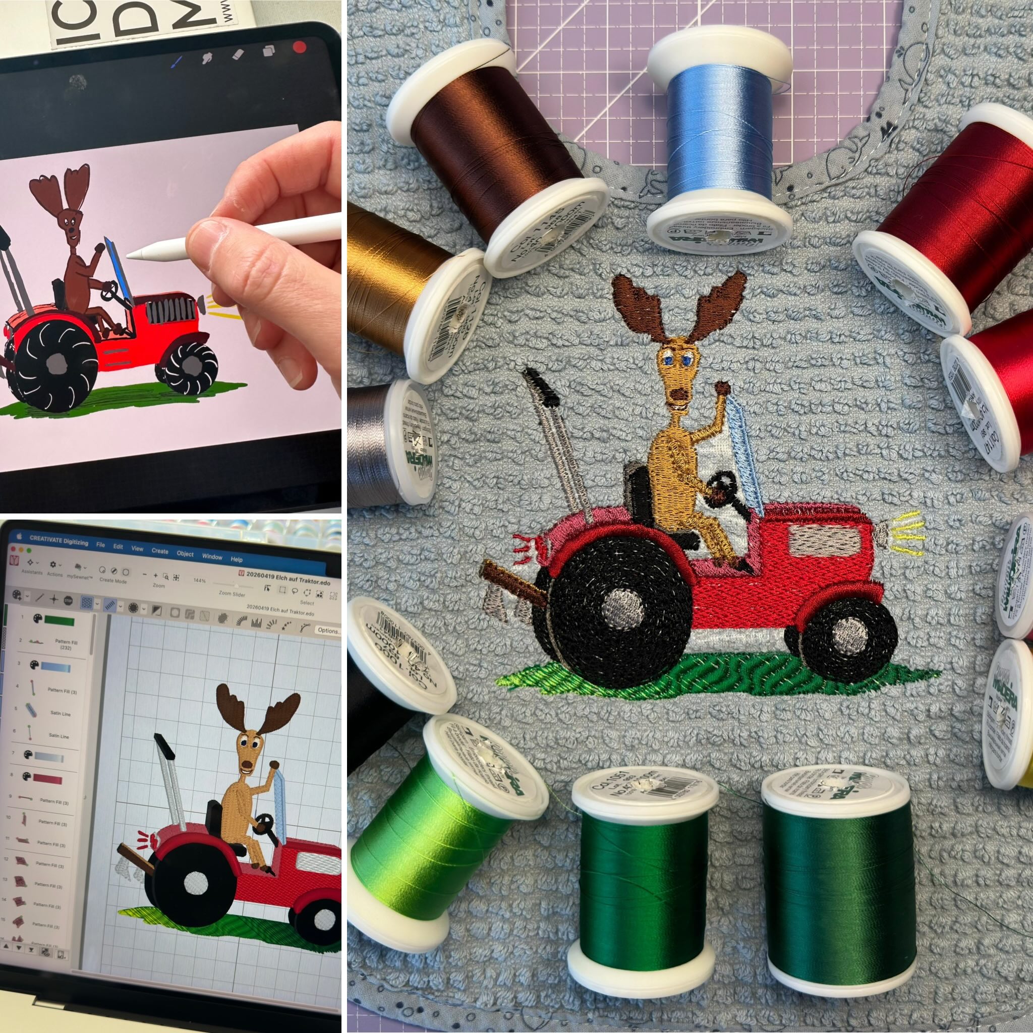 Elch auf Traktor - neues Stickmotiv auf Lätzchen