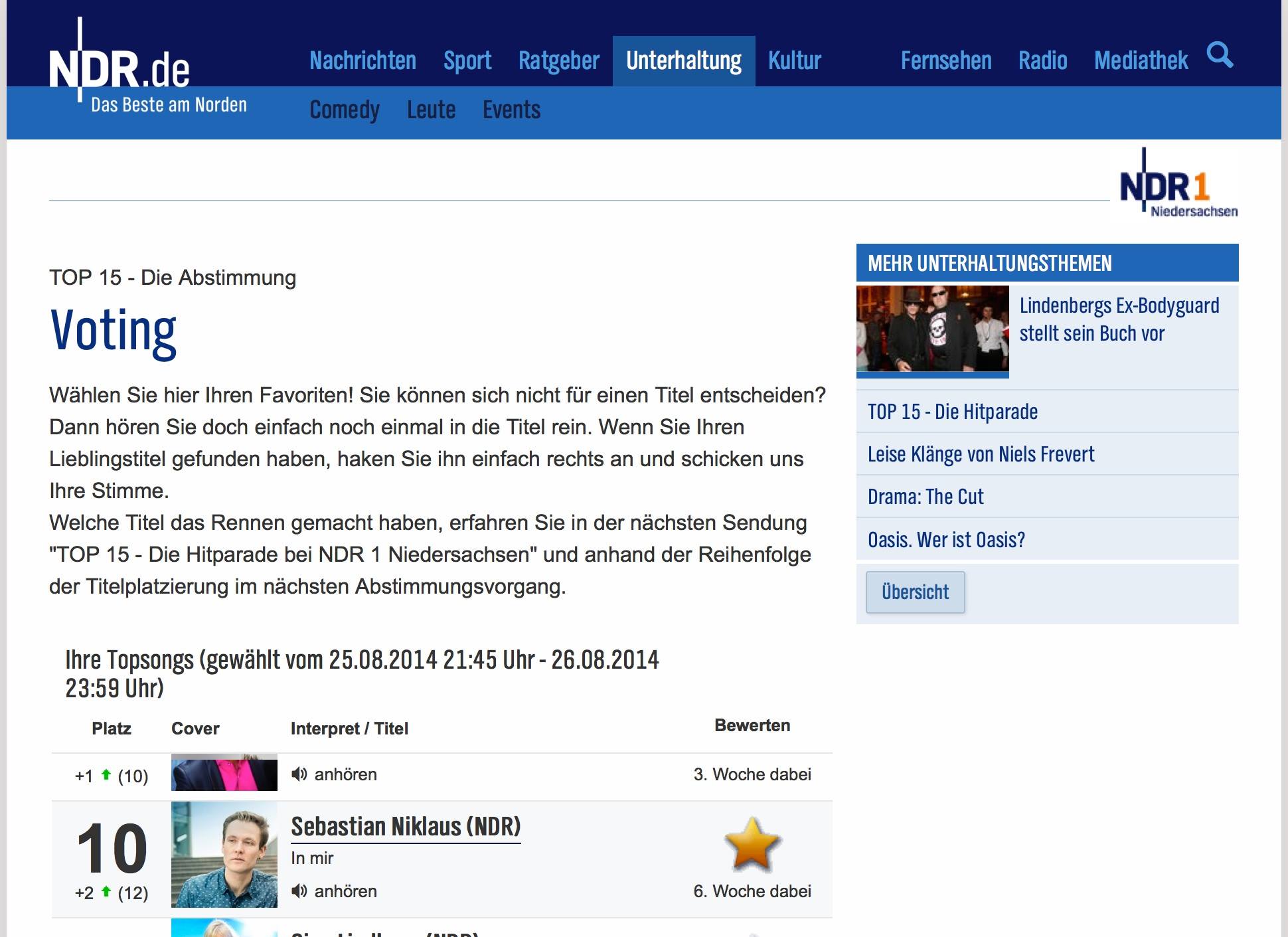 In mir bei der NDR1 Niedersachsen Top15 Hitparade - 6. Woche
